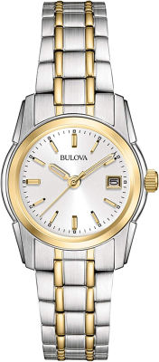 Bulova Ladies Classic Two-Tone Stainless Steel 3-Hand Calendar Date Quartz Watch, Silver-White Dial (Style: 98M105)