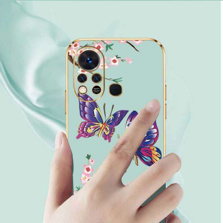 เคสสำหรับ-infinix-hot-11s-infinix-hot-11s-nfc-สุดหรูผีเสื้อกับกล้องดอกไม้เคสโทรศัพท์ขอบชุบกรอบซิลิโคนนิ่มพร้อมฟรีสายคล้อง