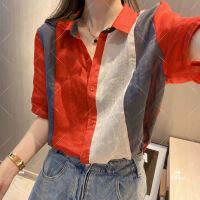 เสื้อเชิ้ตแขนสั้นผู้หญิง2022 Summer Splicing Contrast Color Reducing Age Loose Casual Short Sleeve Top