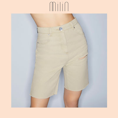[MILIN] High rise with belt hoops denim กางเกงยีนส์ขาสั้น Bermuda Slit shorts BEIGE