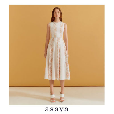 [asava ss23] Cynthia Striped Lace Dress เดรสผู้หญิง ผ้าลูกไม้ตัดต่อลายทาง ทรงเอ แขนกุด คอกลม ซิปหลัง