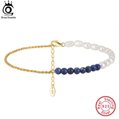 ORSA JEWELS Silver 925 Lapis Lazuli &amp; ไข่มุกธรรมชาติ Chain Anklets สำหรับผู้หญิงแฟชั่นฤดูร้อน14K Gold สายรัดข้อเท้าเครื่องประดับ SA56