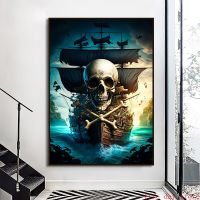 Vintage Skull Pirate Ship ภาพวาดผ้าใบ Wall Art - Sailing Ships โปสเตอร์เรือพิมพ์ภาพผนังศิลปะสำหรับห้องนั่งเล่น Home Decor