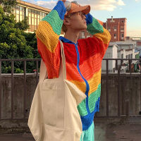 2023ถัก Hollow Out Rainbow เสื้อแขนยาวผู้ชาย Casual Streetwear เปิดลงซิปหรูหราเสื้อผ้าฤดูใบไม้ร่วง Outwear