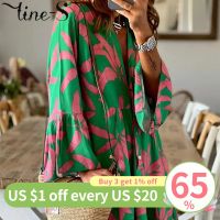 【CW】✑✜☌  Short A-line for Floral Printed Sleeve Dresses Boho V-Neck Large Loose Vestidos