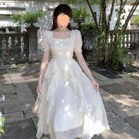 French fairy dust long skirt falbala accept waist skirt long sleeve super white dress seaside holiday beach dress