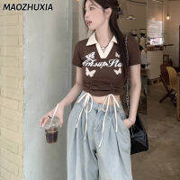 MAOZHUXIA เสื้อยืดผู้หญิง,เสื้อโปโลคอปกอเมริกาแบบย้อนยุคเสื้อแขนสั้นถัก Cewek Seksi ผู้หญิงตัวสั้นไม่สม่ำเสมอใส่ในฤดูร้อน