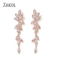 [Han ornaments] ZAKOL แฟชั่นโปแลนด์ CZ Leaf เครื่องประดับงานแต่งงาน Marquise AAA Cubic Zirconia ยาว Dangle ต่างหูเจ้าสาวสำหรับผู้หญิง EP5030