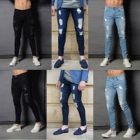 CODna68138 Fashion Men Casual Hole Design Distressed Skinny Jeans Tight-fitting Trendy Mens Damaged Jeans European and American Style Mens Denim Trousers