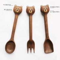 Free Shipping black walnut cartoon wooden spoon childrens tableware wooden handmade wooden spoon fork rice spoon