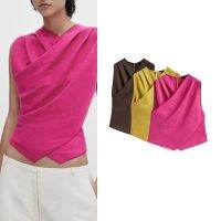 เสื้อเชิ้ตคอวีแขนกุด5163650สีโดพามีนไขว้แบบฝรั่งเศสลินินแท้ฤดูร้อน