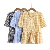 【มีไซส์ใหญ่】Plus Size Womens V-neck Summer Blouses Short Sleeve Plaid Elegant Female Tops