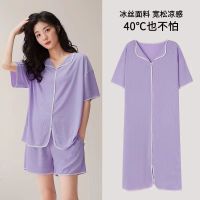 --SY23726❀✵ silk jamas womens summer short-sed ghtdress th sectn sol loose large size home clot -piece suit