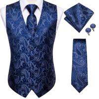 Hi-Tie 100 Silk Mens Suit Vests Silver Grey Paisley 4PC Waistcoat Tie Hanky Cufflinks Set Slim Jacquard Business Waist Jacket