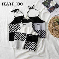 PEAR DODO เสื้อแขนกุดแบบสั้นสำหรับผู้หญิงกระดานหมากรุกแบบเกาหลีห้อยคอ