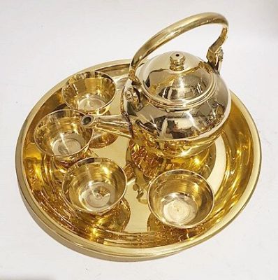 ชุดน้ำชาทองเหลืองกาแป้นกลาง ถาดทแงเหลืองหล่อหนา 10 นิ้ว ขอบแแบ