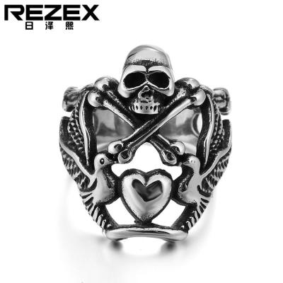 เครื่องประดับ REZEX หัวกระโหลกย้อนยุคแหวนไททาเนียมผู้ชายรูปหัวใจ