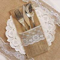 10ชิ้น/ล็อต Burlap ผู้ถือ Lace Tableware กระเป๋าคริสต์มาสผู้ถือ Silverware กระเป๋างานแต่งงานตกแต่งตาราง