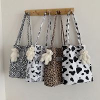 【Lanse store】Ins Style Leopard Print Canvas Shoulder Bag Ladies Grocery Handbag Totes Students Vintage Books Shopping Bags For Girls