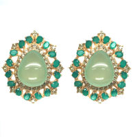 ต่างหูพลอยแท้ พรีไนต์(Prehnite) 15 x 18 mm. ล้อม เพอริดอท โมรา เงินแท้ 925 ชุบทอง 18k