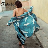 Fitshinling Crane Print Beach Cover-Up Swimwear 2020 Green Slim Sexy Long Cardigan Sleeve Side Split Kimono Holiday Boho