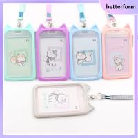 BETTERFORM 1PC การ์ตูนแมว อัตลักษณ์ เชือกคล้องแบบหดได้ กรณีบัตรรถบัส ผู้ถือบัตร กรณีบัตรเครดิต ซองใส่บัตรประชาชน