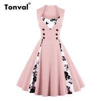 Tonval Vintage Rockabilly Pink Dress Women Contrast Floral Elegant Button Double Breasted Summer Slim Swing Dress Party