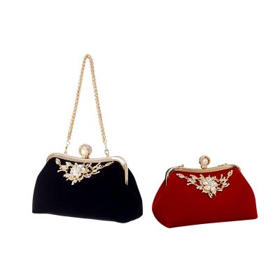 2Pcs Female Diamond Pearl Handbag Vintage Crystal Flower Evening Bag Wedding Party Bride Clutch Bag Purse - Black &amp; Red
