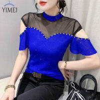 YIMEI เสื้อยืดของผู้หญิงสไตล์กวางโจวที่สวยงามให้ความรู้สึกดีไซน์ใหม่สำหรับฤดูร้อน2023เสื้อโชว์ไหล่ของผู้หญิงเสื้อสีฟ้าเต้นตะวันตก