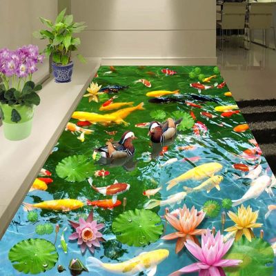 ▬∈◊ PVC Self Adhesive Waterproof 3D Floor Murals Pastoral Style Lotus Pond Wall Paper Sticker Living Room Home Decor 3D Floor Tiles
