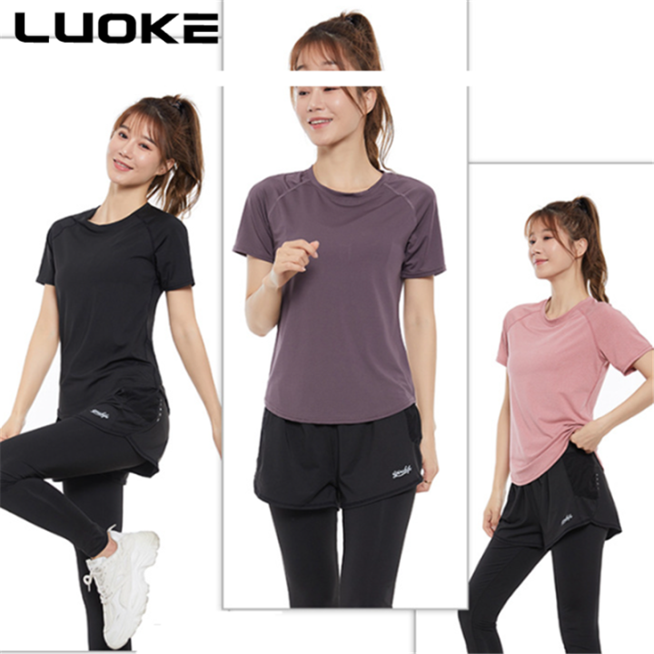 luoke-ขนาดใหญ่กีฬาแขนสั้นเสื้อยืดผู้หญิงท็อปส์เสื้อผ้าออกกำลังกายเสื้อผ้าโยคะหลวมวิ่งการฝึกอบรมลดน้ำหนัก