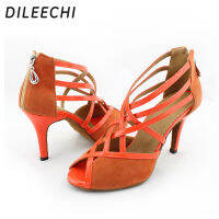 DILEECHI กำมะหยี่สีส้มและ PU รองเท้าเต้นรำละตินผู้ใหญ่ของผู้หญิงรองเท้าเต้นรำบอลรูมนุ่ม Outsole อังกฤษเต็มความสูง8.5เซนติเมตร