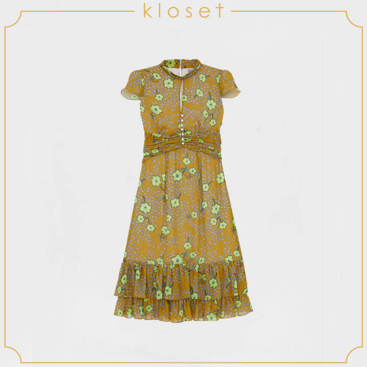 kloset-windflower-print-with-ruffle-aw20-d009-เสื้อผ้าแฟชั่น-เสื้อผ้าผู้หญิง-เดรสแฟชั่น-เดรสผ้าพิมพ์-เดรสสั้น