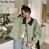 RUO BEI XUAN เสื้อสเวตเตอร์สั้นเสื้อคาร์ดิแกนผู้หญิงฤดูใบไม้ร่วงและฤดูหนาวย้อนยุคญี่ปุ่นขี้เกียจลมถัก Top