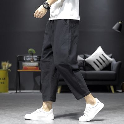 Mens Summer Thin Ankle-length Pants Casual Solid Color Cotton Linen Fashion Comfort Large Size Breathable Men Oversize Trousers