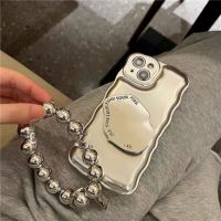 【16- digits】 Premium Sense Bright Silver Wavy Edge Chain Holder Case สำหรับ IPhone 11 12 13 Pro Max Case XS X XR XR 7 8 6 Plus SE Coque Bu