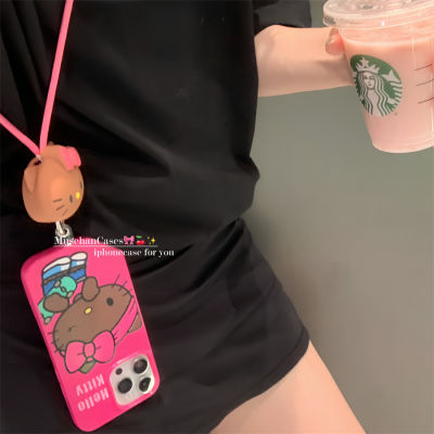 สาวน่ารัก Dopamine Pitayago สีกรณีโทรศัพท์สำหรับ iPhone14ProMax ตุ๊กตาสเตอริโอ Lanyard Case สำหรับ iPhone12 Hello Kitty Phone Soft Case สำหรับ iPhone13Pro