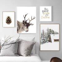 ตกแต่งคริสต์มาสโปสเตอร์คริสต์มาสฤดูหนาว Moose Pinecone Wall Art ภาพวาดผ้าใบสแกนดิเนเวียนสำหรับห้องนั่งเล่น Home Decor