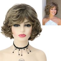 GNIMEGIL Synthetic Short Curly Wigs for Women Light Brown Wig with Bangs Halloween Costume Wig Female Cosplay Lady Mommy Wig Wig  Hair Extensions Pads