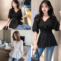 Women Solid V-Neck Short Sleeve Slim Waist Chiffon Blouse