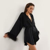 QSROCIO Feather Bathrobes Satin Sexy Mini Dress Long Sleeve Loose Peignoirs For Women Robe White Wedding Dress Black Bride Dress