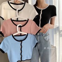 Women Patched O-Neck Knitted Short Sleeve Cropped Slim Sweaters Cardigans Lady Single-breasted Sweater Crop Tops for Female