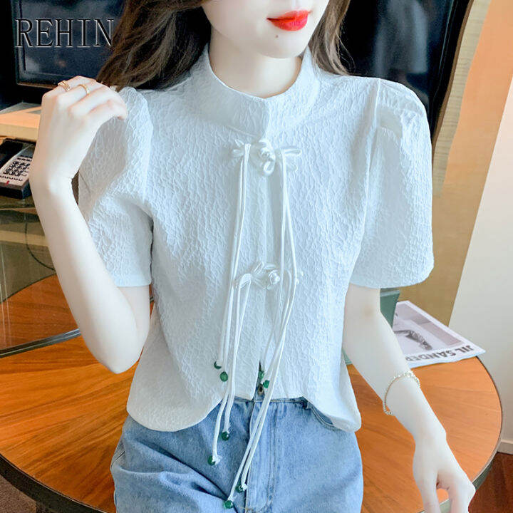 rehin-women-s-top-courtly-single-row-plate-button-tassel-short-sleeve-shirt-traditional-retro-elegant-blouse