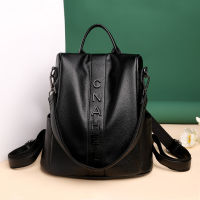 Fashion Black Backpack Womens New Large-Capacity Soft Leather Leisure Trend Anti-Theft Student Backpack One-Shoulder Travel Bag