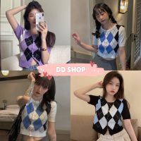 DD SHOP "พร้อมส่ง"(10019)เสื้อไหมพรมแขนสั้นกระดุมหน้า ลายน่ารักมาก