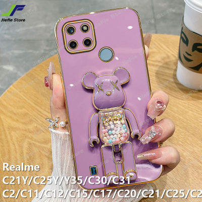 JieFie ของเล่นน่ารักหมีสำหรับ Realme C15 / C35 / C21Y / C25Y / C11 / C12 / C17 / C2 / C20 / C21 / C25 / C25S / C30 / C31 / C11 2021 / Narzo 50A / 50i / 50A Prime Square Chrome-Plated Soft TPU Phone Cover + Stand