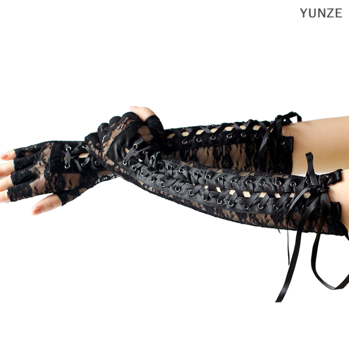 yunze-ถุงมือตาข่ายถักลูกไม้ลายดอกไม้เซ็กซี่ยาวถึงศอกครึ่งถุงมือแบบเปิดครึ่งนิ้วสีดำสำหรับงานปาร์ตี้เต้นรำถุงมือตาข่ายที่ไม่มีนิ้ว