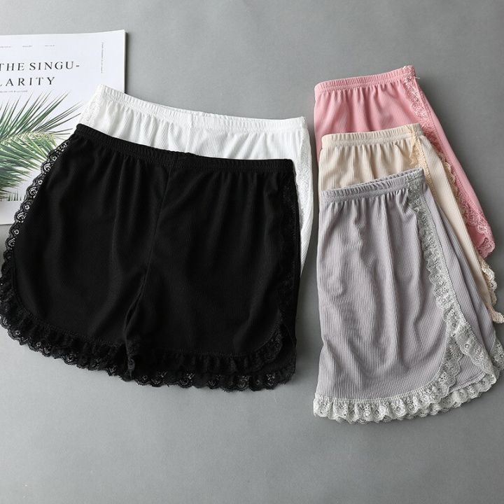 women-spring-summer-same-color-side-lace-safety-shorts-pants-sweet-loose-elastic-home-sleep-shorts-nightwear-bottom-thin-pajamas