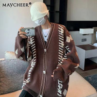 MAYCHEER แจ็กเก็ตผู้ชายทรงหลวมเสื้อกันหนาวไหมพรมเรโทรสไตล์อเมริกันแบบมีเอกลักษณ์สำหรับแขนยาวถัก