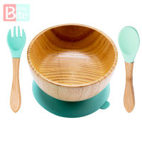 Baby Feeding Bowl Baby Dinner Plate Wooden Kids Feeding Dinnerware With Silicone Suction Cup Wooden Fork Spoon Childrens Dishes